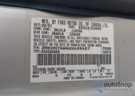 1992 Mercury Grand Marquis Gs из США, поврежденный, VIN 2MECM74W4NX608457